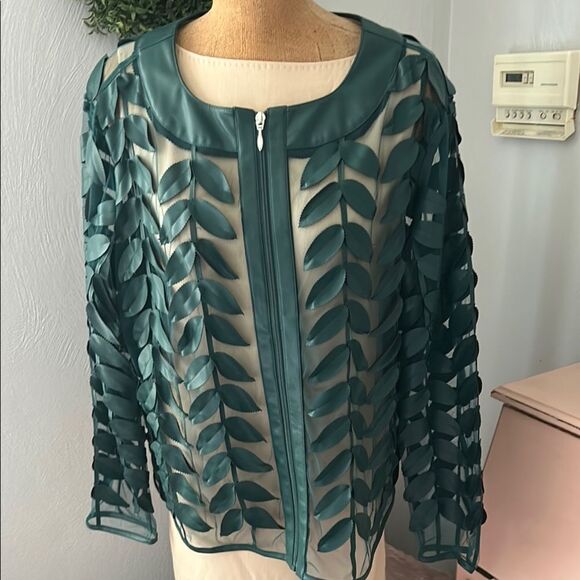 Teal Leaf Pattern Sheer Jacket - Picture 3 of 6